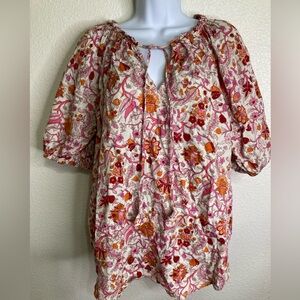 Knox Rose Peasant Top Sz XXL Orange Pink Floral Cotton Puff Sleeve Boho Hippie